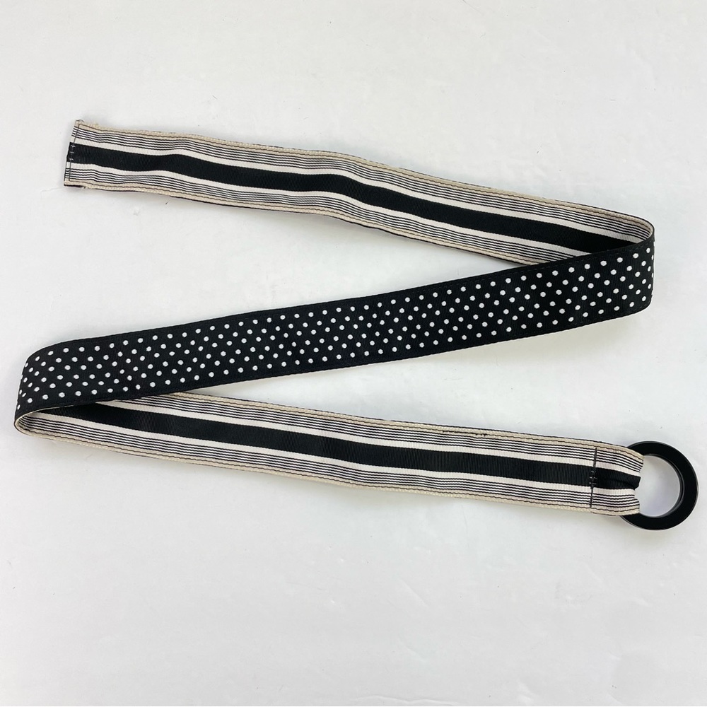 Black White Polka Dot‎ Striped Reversible Ribbon Belt Double Ring
